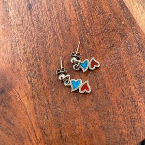 Women’s Sterling Silver Double Heart Turquoise and Coral Chip Inlay Earrings